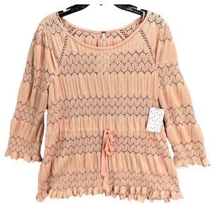 Free People Shirt Womens Large Peach Lace Peplum Tie Waist 3/4 Sleeve Blouse NEW